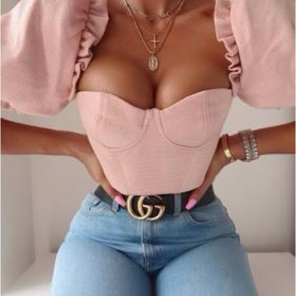 House of CB “Federica” Damask Blush Puff Sleeve Crop Top Size L+